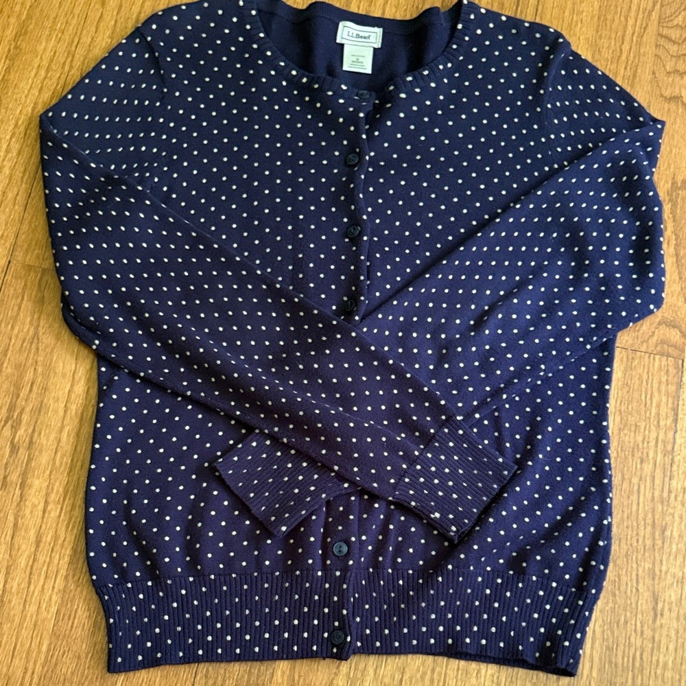 L.L. Bean Navy and White Dot Cardigan